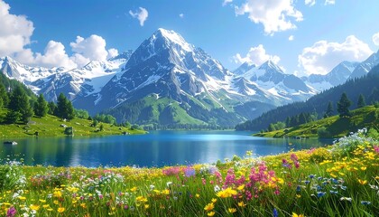 Serene mountain lake reflects snow-capped peaks surrounded by lush meadows filled with vibrant wildflowers under a blue sky