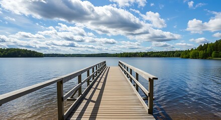 Obraz premium Wooden dock leading onto a tranquil lake under a cloudy blue sky