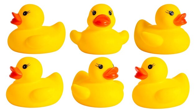 Six bright yellow rubber ducks are arranged on a white background, facing different directions and looking whimsical