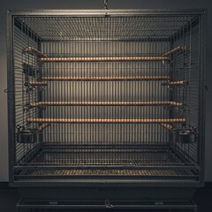 A large, empty parrot cage with multiple perches and feeding dishes, meticulously clean and ready for its colorful feathered occupant. Ideal for pet bird care ,bird home ,clean ,bird housing