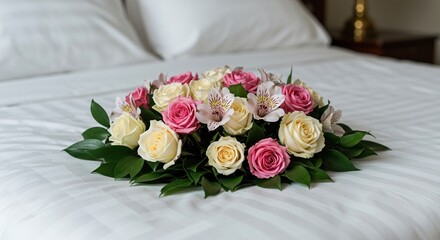 A lavish floral arrangement rests centerpiece on a freshly made white bedspread, suggesting elegance, luxury, and morning surprise ,pastel ,natural ,comfort