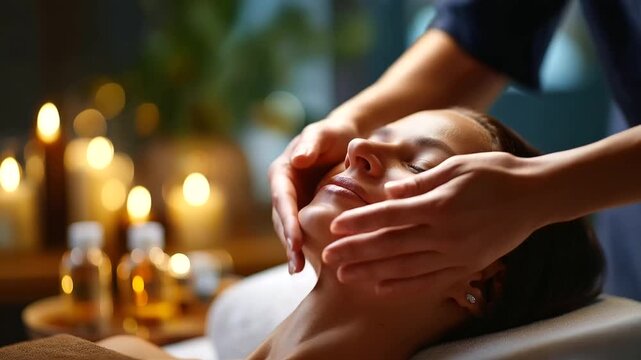 Professional spa therapist's hands performing facial massage on client's face with aromatic oils massage stones and essential oil bottles visible on treatment table luxury hotel