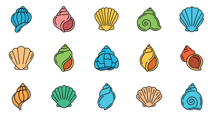 Collection of colorful seashell icons, representing the beauty and diversity of marine life and summer vacation
