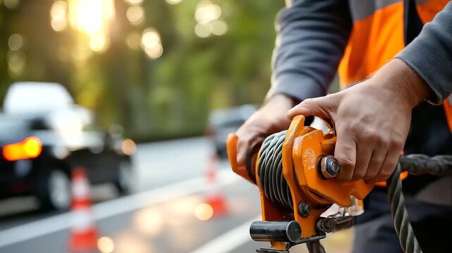 Tow truck operator's hands operating winch controls heavy cable extending toward disabled vehicle roadside scene with traffic cones and passing cars defocused behind vehicle rec