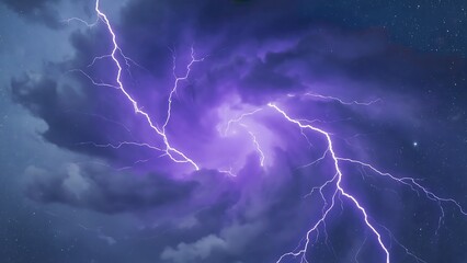 Stunning purple lightning strikes illuminate dramatic storm clouds against a starry night sky, creating a powerful and dynamic natural spectacle.