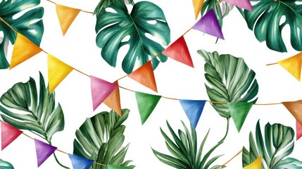 colorful triangular pennants hang from strings amidst a collection of vibrant tropical leaves  a cheerful summery design on a white background