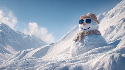 smiling snowman basks in warm sunshine on a pristine snowy mountain slope evoking winter joy and seasonal cheer