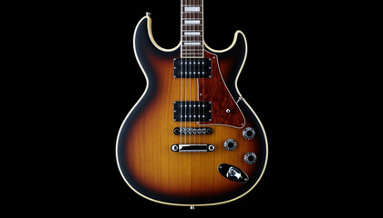 Fototapeta premium Stunning sunburst electric guitar body with chrome hardware, ready to rock stages and studios for aspiring musicians and professionals.