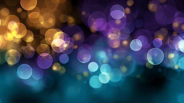 Soft blurred bokeh background with multicolored circular lights in purple, blue, turquoise, yellow, and golden tones creating dreamy festive atmosphere on gradient dark background.