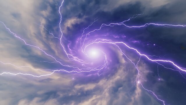 Powerful storm vortex with vibrant purple lightning illuminating dramatic swirling clouds, creating an awe inspiring natural spectacle of raw energy.
