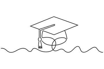 A single continuous line drawing depicts a graduation cap and a wavy ground.