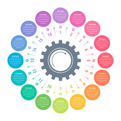 Infographic template for industry, education, science, business, technology. Sixteen step informational template with colorful industry gears. Infographic template for catalog, annual report, magazine