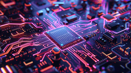 Obraz premium Futuristic Technology: Neon Light Circuit Board Design for Innovation and Connectivity