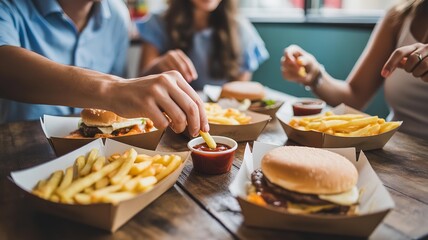 Friends enjoying burgers and fries at a casual restaurant table