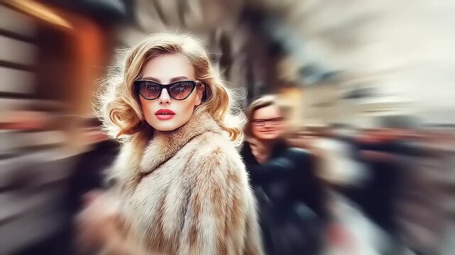 Glamorous woman with fur coat and sunglasses in a blurred urban cityscape exudes timeless fashion appeal