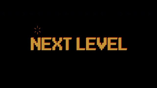 Next Level text animation on 8 bit retro game black background. 4k video. Suitable for your video game content, Vintage Arcade Games or Vintage Arcade Games.