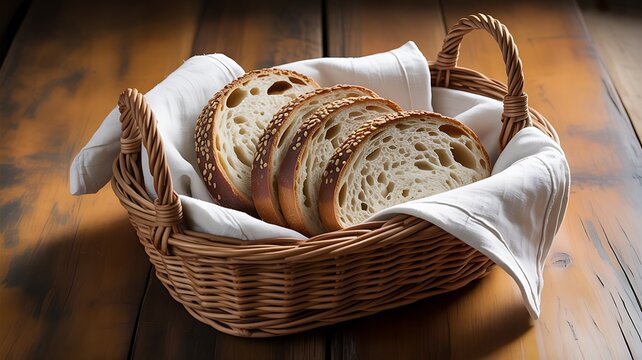 Warm artisanal bread slices artfully arranged in a rustic woven basket, perfect for inviting culinary stories and cozy home settings.