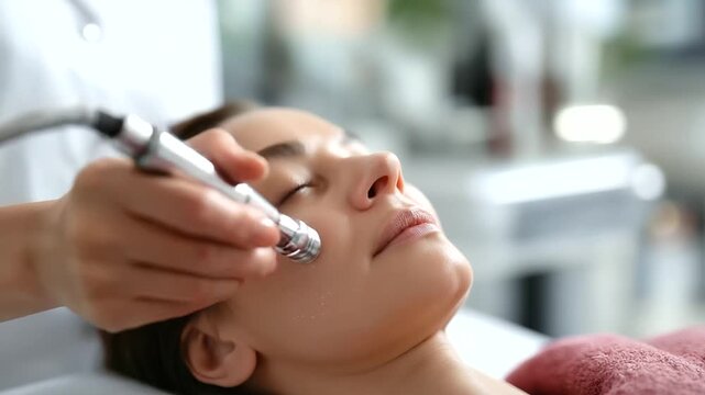 Beautician's hand operating handheld microdermabrasion device with diamond tip on client's cheek area suction tube visible client lying on treatment bed luxury spa clinic