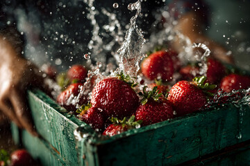 Dynamic splashing strawberries in rustic container - freshness and energy concept