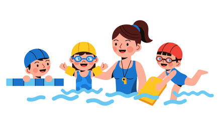Swimming Lessons: A Cartoon Depiction Of Kids Learning To Swim With An Instructor