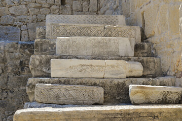 Marble slabs with relief images in the Church of St. Nicholas, a Christian shrine. Demre, Antalya Province, Turkey