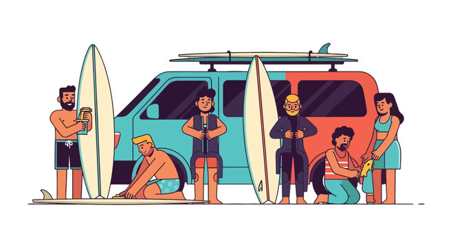 Surfing Group Preparing Together to Hit the Waves on Sunny Beach Days Adventure