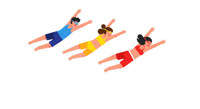 Swimming Trio Diving Underwater With Goggles on a Black Background