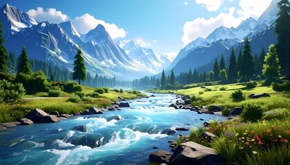 Serene mountain landscape featuring a flowing river, verdant greenery, and snow-capped peaks under a clear blue sky