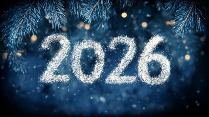 Magical 2026 numbers created from white sparkling snow particles and frost on dark blue winter background with frosted pine tree branches and golden bokeh lights.
