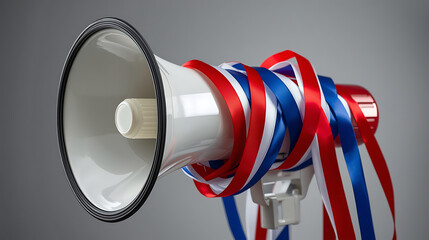 White megaphone with red white and blue ribbons patriotic announcement public address system communication