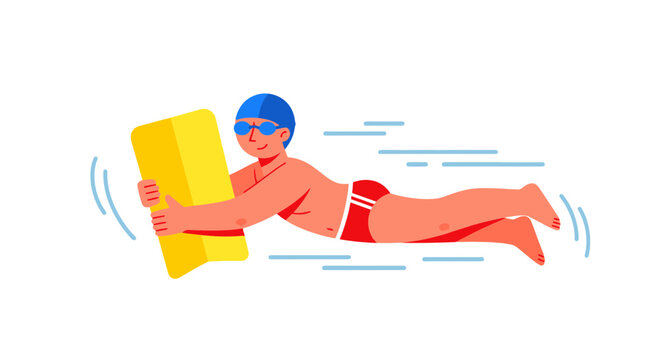 Swimming With A Kickboard Exercise Illustration In Vibrant Graphic Style On A Dynamic Background