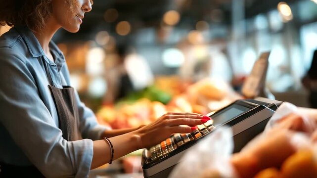 Young female cashier's hands with painted nails scanning grocery items across barcode reader cash register display glowing bags and groceries visible on counter busy supermarket
