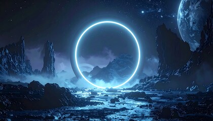 Sci-fi vista ring of light hovers in a surreal, rocky landscape under a starry sky with planet