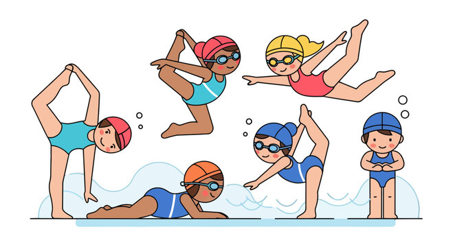 Synchronized Swimmers Performing Artistic Poses Amidst Water And Black Backdrop Graphic