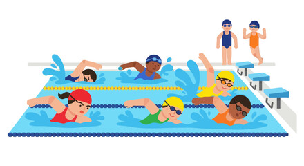 Swimming Athletes Compete In A Pool During A Sports Competition Cartoon Illustration