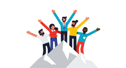 Team Of People Reaching The Summit, Celebrating Success, Against Black Backdrop