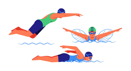 Swimming Athletes Executing Different Strokes in a Minimalist Vector Illustration