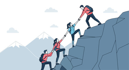 Teamwork And Support Ascending A Mountain, Illustration Depicting Mutual Reliance