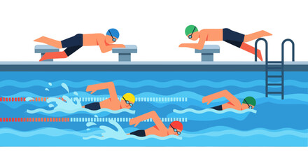 Swimming Competition: Illustrative Depiction of Athletes Executing Strokes and Racing in the Pool