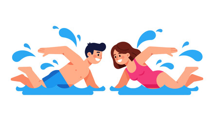 Swimming Couple Illustration Depicting Aquatic Exercise and Water Activity on Black Background