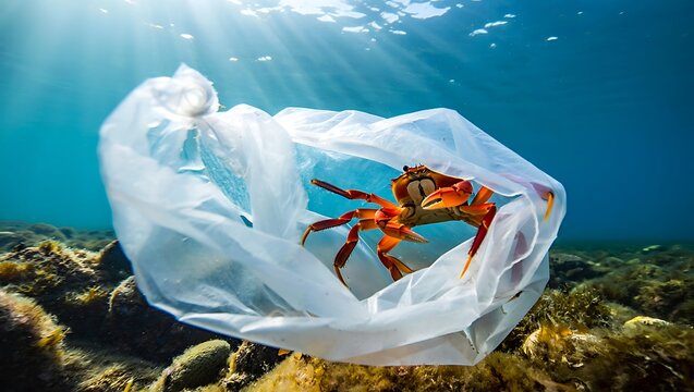 Crab trapped in plastic bag in ocean underwater pollution problem - Powered by Adobe