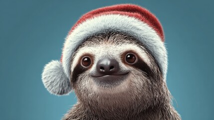 cute sloth in santa hat on new year background