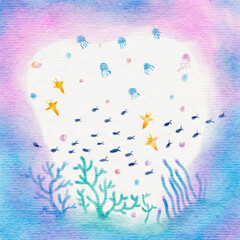 Obraz premium Undersea photoframe watercolor painting with high-quality paper texture.