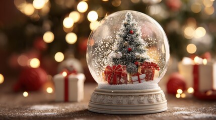 christmas snow globe with presents and a decorated tree for a festive holiday