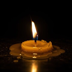 A macro shot of a single flickering candlelight wick centered above a pool of molten wax, casting a warm, serene golden glow in darkness ,soft ,relaxation ,illumination