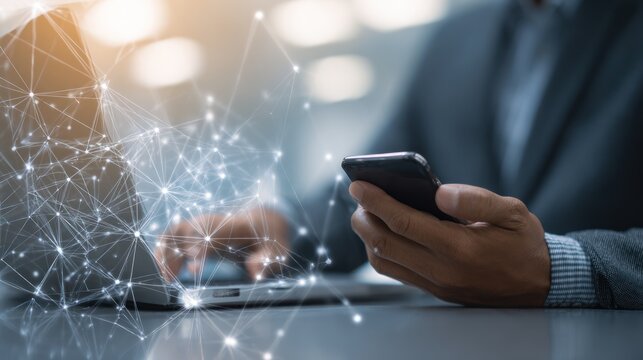 Businessman using smartphone and laptop with digital network overlay.
