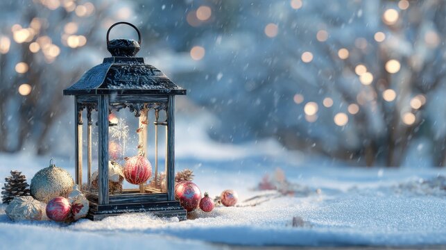 christmas lantern with ornaments in snowy winter scene outdoors