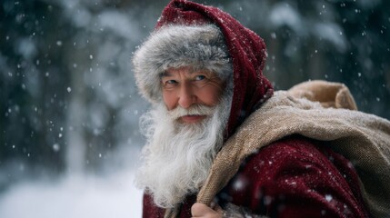Realistic Santa Claus with white beard and fur trim red hat walking through winter forest with heavy burlap gift sack over shoulder during snowfall, blurred trees background.