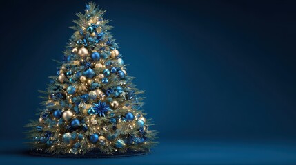christmas tree decorated with blue and gold ornaments and lights on a blue background
