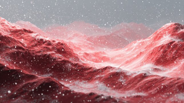 red and white abstract digital landscape with snowflakes